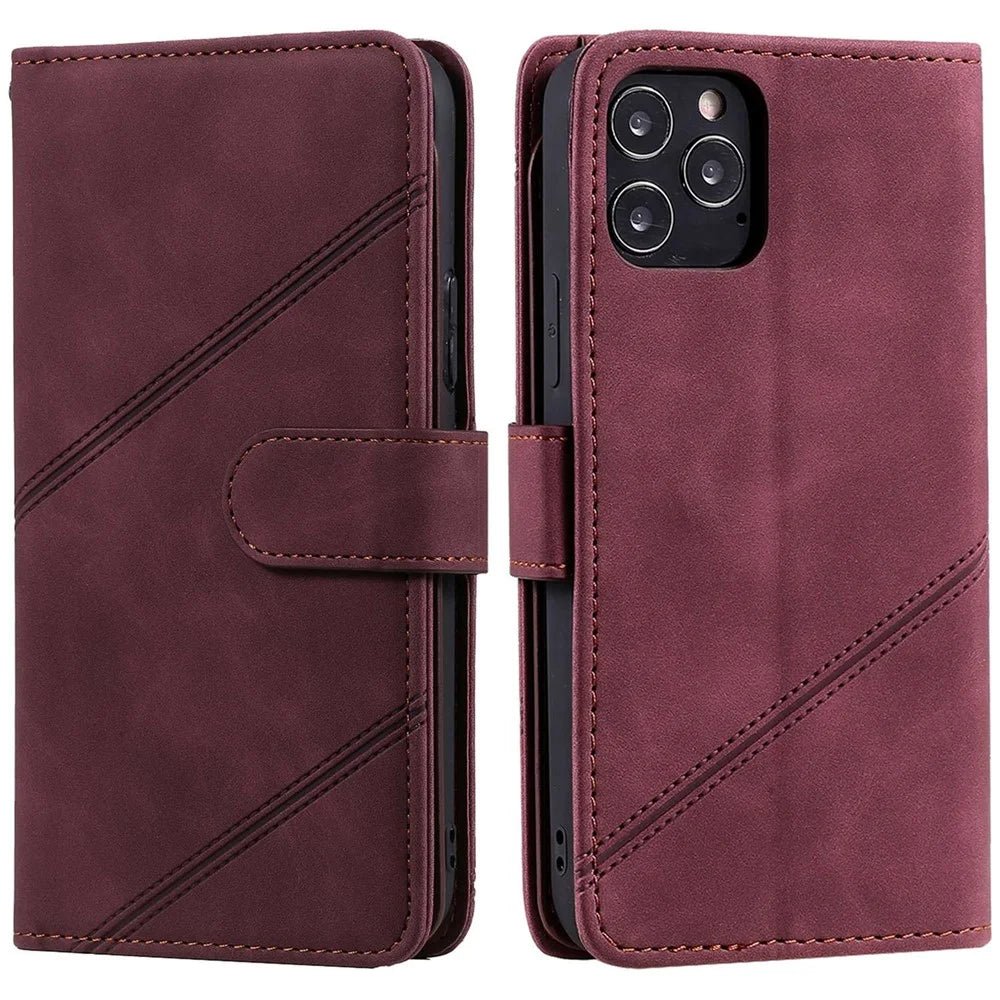 For iPhone 12 Pro Max 6.7 inch Bump Proof PU Leather Stand Cover Imprinted Cellphone Case with Multiple Card Slots and Cash Pocket - Red - 1