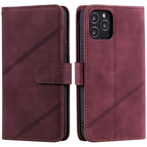 For iPhone 12 Pro Max 6.7 inch Bump Proof PU Leather Stand Cover Imprinted Cellphone Case with Multiple Card Slots and Cash Pocket - Red - 1