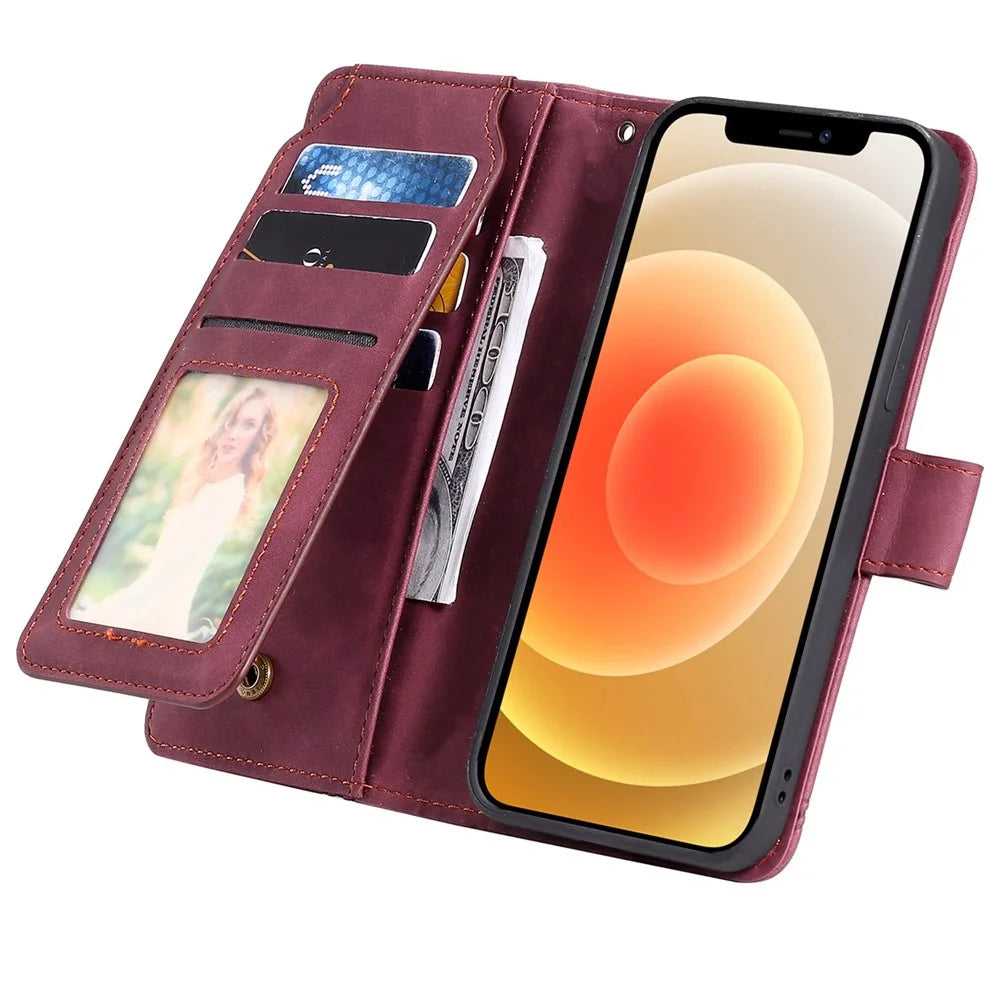For iPhone 12 Pro Max 6.7 inch Bump Proof PU Leather Stand Cover Imprinted Cellphone Case with Multiple Card Slots and Cash Pocket - Red - 2