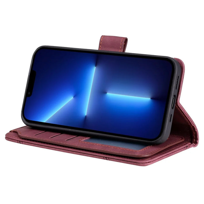 For iPhone 13 Pro 6.1 inch Drop Resistant Imprinted PU Leather Stand Cover with Multiple Card Slots and Cash Pocket - Red - 3
