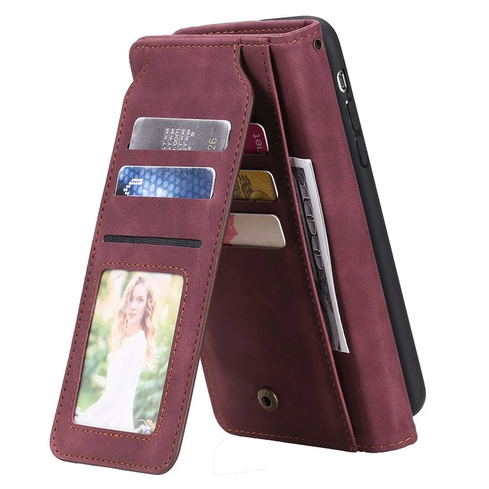 For iPhone 13 Pro 6.1 inch Drop Resistant Imprinted PU Leather Stand Cover with Multiple Card Slots and Cash Pocket - Red - 4