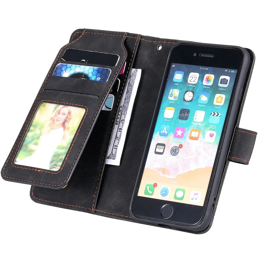For iPhone 7/8/SE (2020)/SE (2022) Imprinted PU Leather Stand Cover with Multiple Card Slots and Cash Pocket Anti-fall Protection Case - Black - 2