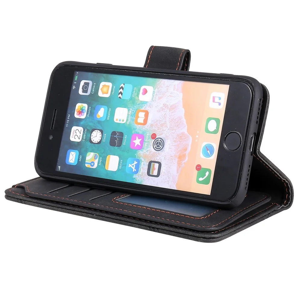 For iPhone 7/8/SE (2020)/SE (2022) Imprinted PU Leather Stand Cover with Multiple Card Slots and Cash Pocket Anti-fall Protection Case - Black - 3