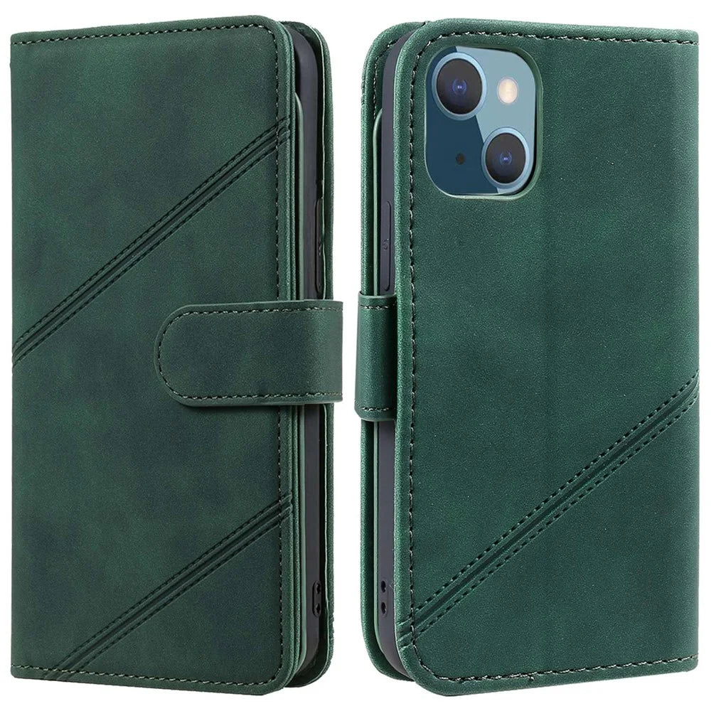 For iPhone 13 mini 5.4 inch Magnetic Clasp Phone Case Imprinted PU Leather Stand Cover with Multiple Card Slots and Cash Pocket - Green - 1