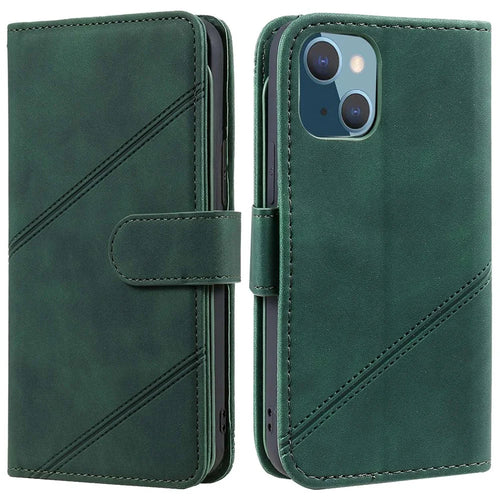 For iPhone 13 mini 5.4 inch Magnetic Clasp Phone Case Imprinted PU Leather Stand Cover with Multiple Card Slots and Cash Pocket - Green - 1