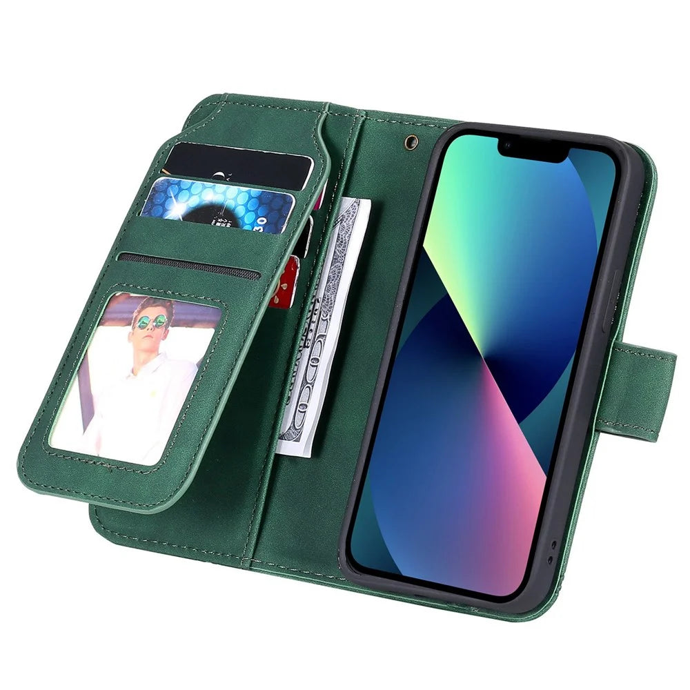 For iPhone 13 mini 5.4 inch Magnetic Clasp Phone Case Imprinted PU Leather Stand Cover with Multiple Card Slots and Cash Pocket - Green - 2