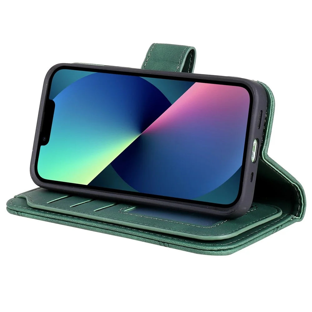 For iPhone 13 mini 5.4 inch Magnetic Clasp Phone Case Imprinted PU Leather Stand Cover with Multiple Card Slots and Cash Pocket - Green - 3