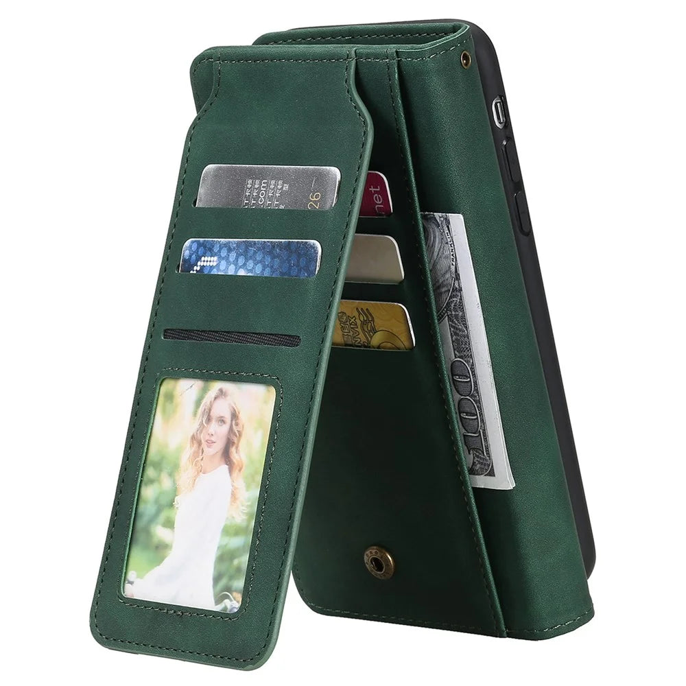 For iPhone 13 mini 5.4 inch Magnetic Clasp Phone Case Imprinted PU Leather Stand Cover with Multiple Card Slots and Cash Pocket - Green - 4