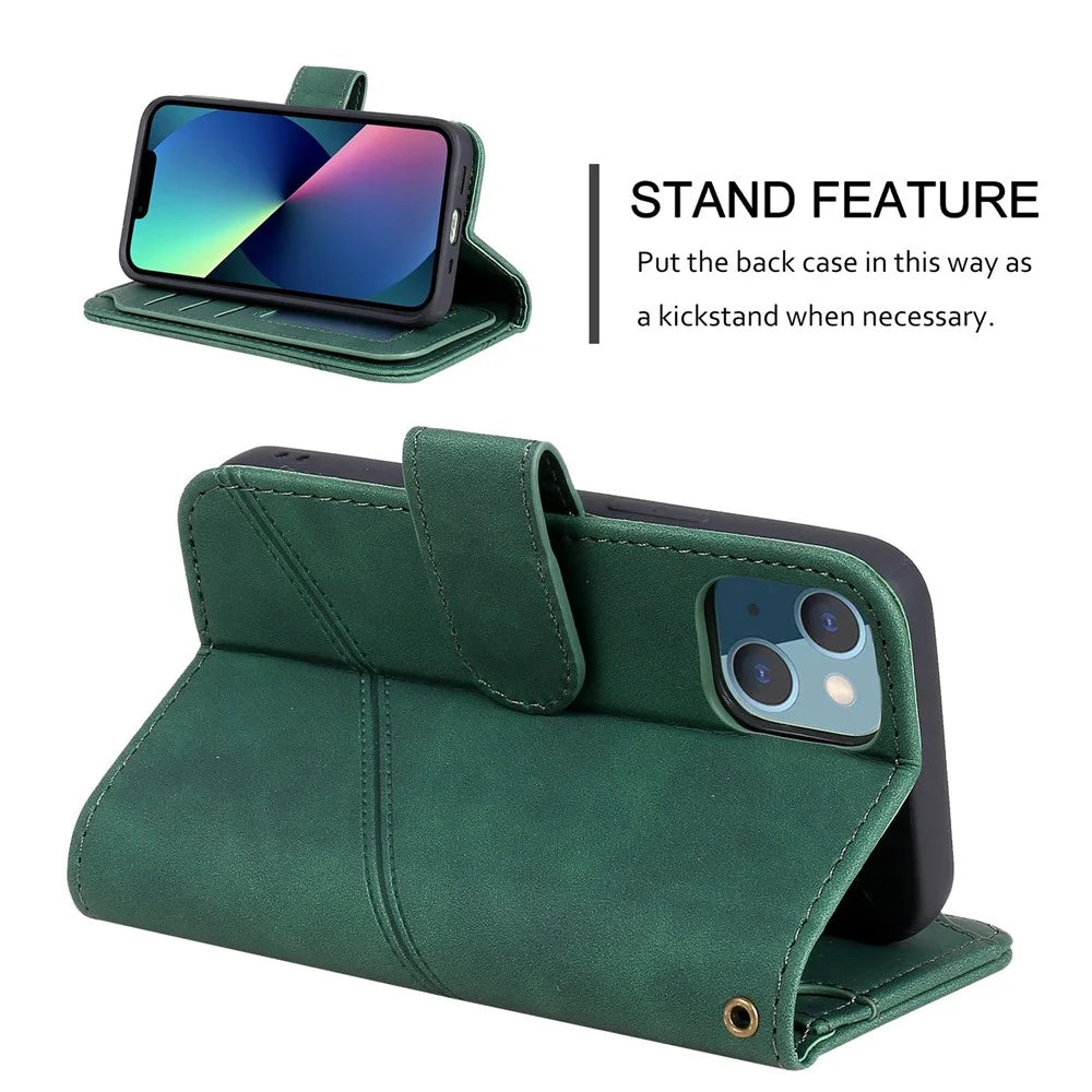 For iPhone 13 mini 5.4 inch Magnetic Clasp Phone Case Imprinted PU Leather Stand Cover with Multiple Card Slots and Cash Pocket - Green - 5
