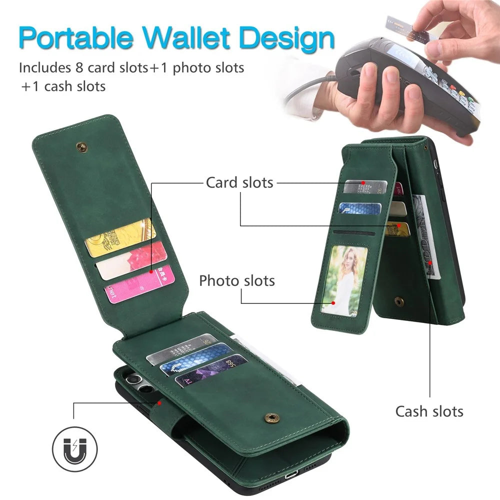 For iPhone 13 mini 5.4 inch Magnetic Clasp Phone Case Imprinted PU Leather Stand Cover with Multiple Card Slots and Cash Pocket - Green - 7