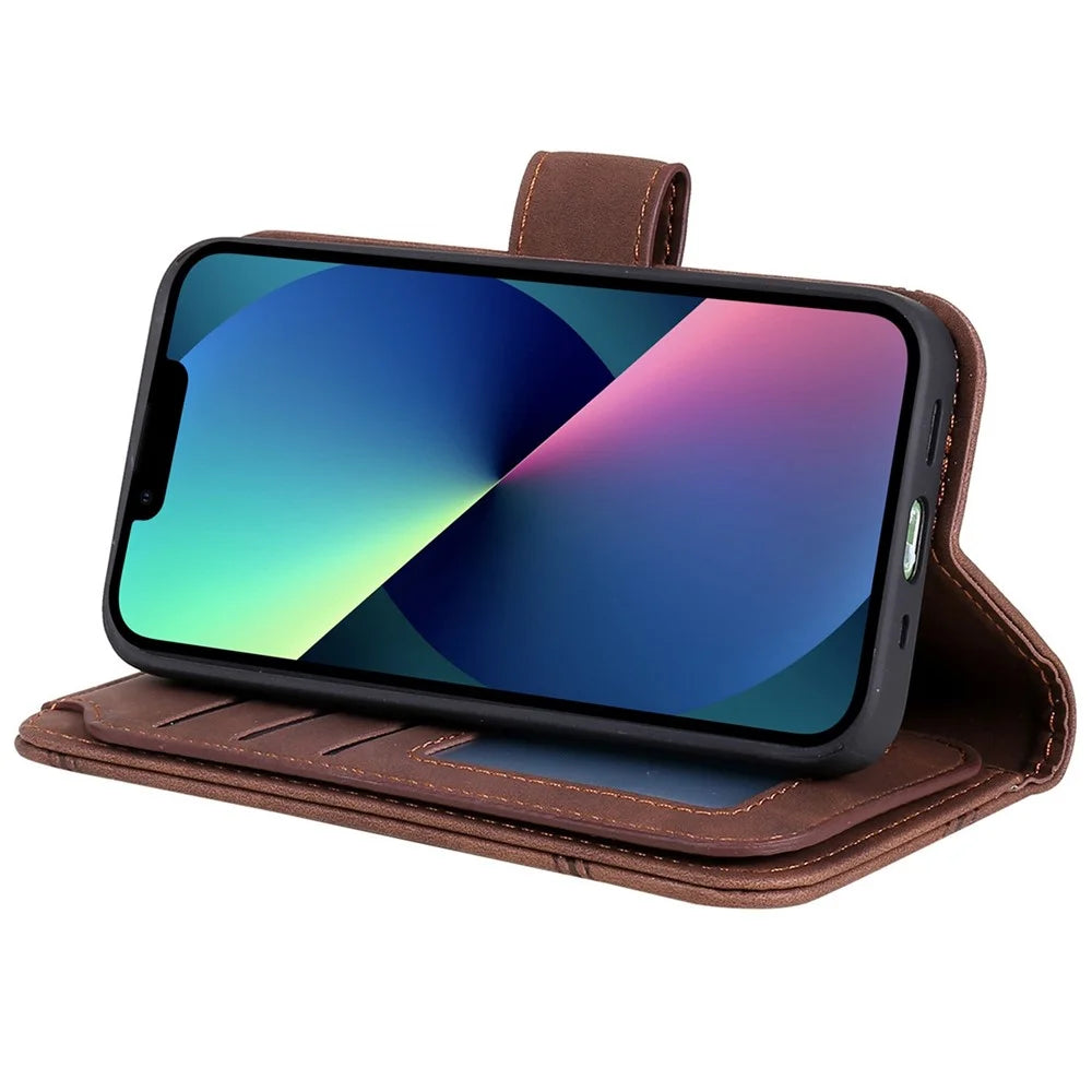For iPhone 13 6.1 inch Shockproof Phone Case Imprinted PU Leather Stand Cover with Multiple Card Slots and Cash Pocket - Brown - 3