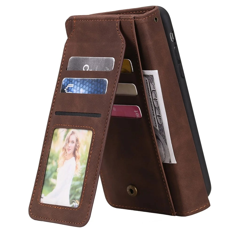For iPhone 13 6.1 inch Shockproof Phone Case Imprinted PU Leather Stand Cover with Multiple Card Slots and Cash Pocket - Brown - 4
