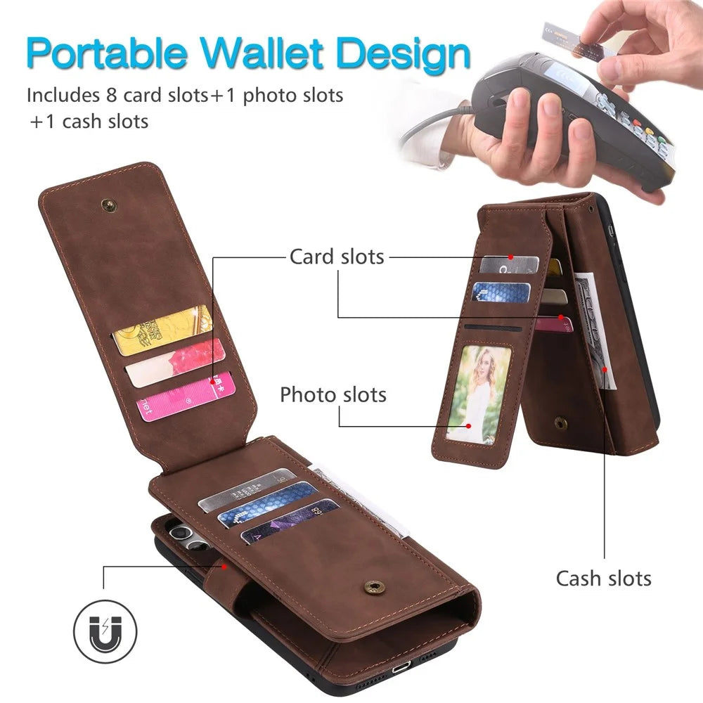 For iPhone 13 6.1 inch Shockproof Phone Case Imprinted PU Leather Stand Cover with Multiple Card Slots and Cash Pocket - Brown - 6