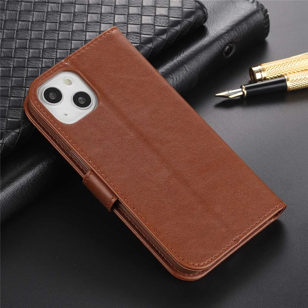 AZNS For iPhone 14 6.1 inch Shockproof PU Leather Flip Wallet Case Magnetic Closure Phone Cover Stand - Brown - 6