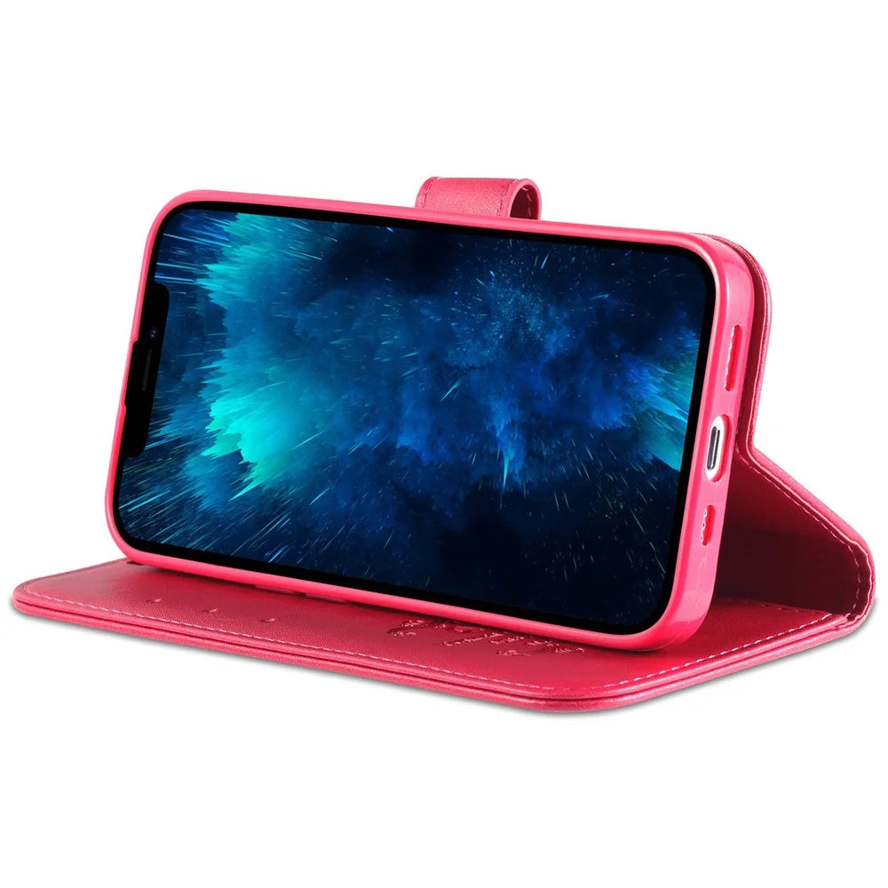 AZNS Flip Wallet Case For iPhone 14 Pro 6.1 inch Shockproof PU Leather Magnetic Closure Full Protection Phone Cover with Viewing Stand - Red - 3
