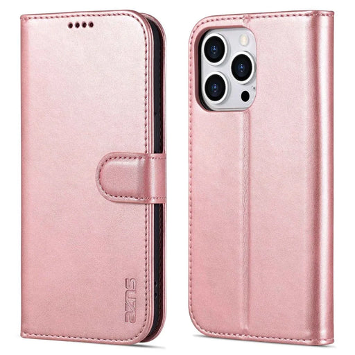 AZNS Anti-scratch Phone Case for iPhone 14 Pro 6.1 inch, PU Leather TPU Shockproof Wallet Stand Protective Cover - Rose Gold - 1