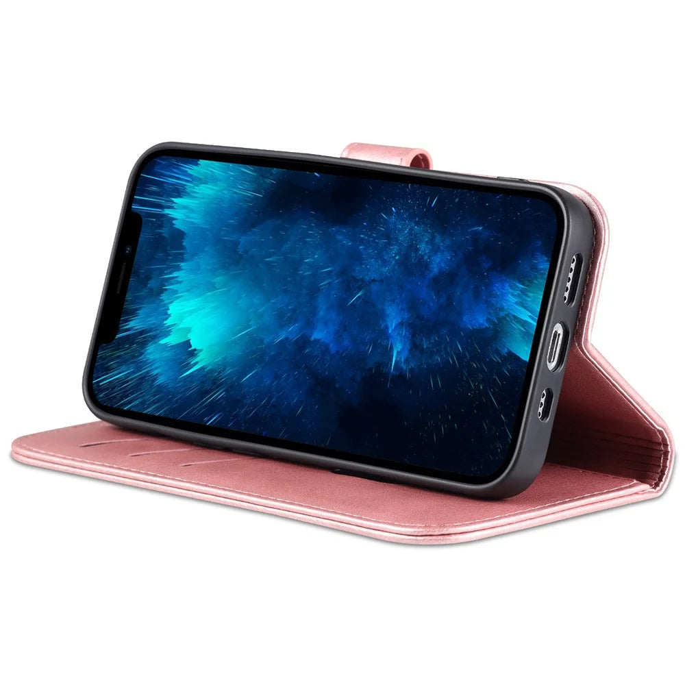 AZNS Anti-scratch Phone Case for iPhone 14 Pro 6.1 inch, PU Leather TPU Shockproof Wallet Stand Protective Cover - Rose Gold - 3
