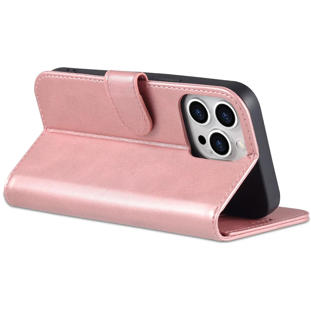 AZNS Anti-scratch Phone Case for iPhone 14 Pro 6.1 inch, PU Leather TPU Shockproof Wallet Stand Protective Cover - Rose Gold - 4