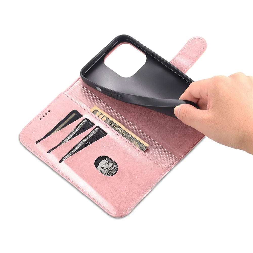 AZNS Anti-scratch Phone Case for iPhone 14 Pro 6.1 inch, PU Leather TPU Shockproof Wallet Stand Protective Cover - Rose Gold - 5