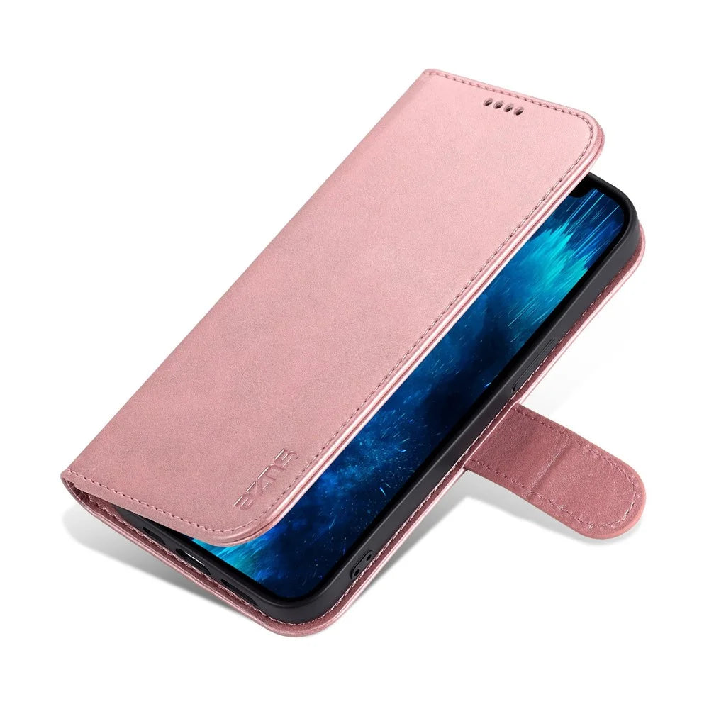 AZNS Anti-scratch Phone Case for iPhone 14 Pro 6.1 inch, PU Leather TPU Shockproof Wallet Stand Protective Cover - Rose Gold - 6