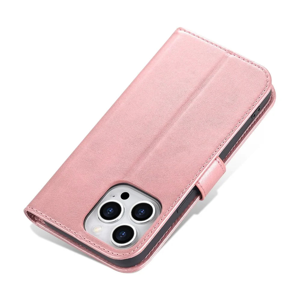 AZNS Anti-scratch Phone Case for iPhone 14 Pro 6.1 inch, PU Leather TPU Shockproof Wallet Stand Protective Cover - Rose Gold - 7