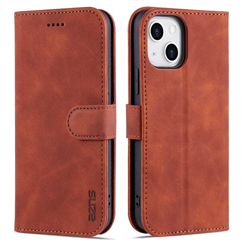 AZNS Phone Case for iPhone 14 Plus 6.7 inch, PU Leather TPU Shockproof Wear-resistant Wallet Stand Protective Cover - Brown - 1