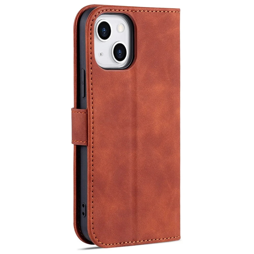AZNS Phone Case for iPhone 14 Plus 6.7 inch, PU Leather TPU Shockproof Wear-resistant Wallet Stand Protective Cover - Brown - 6