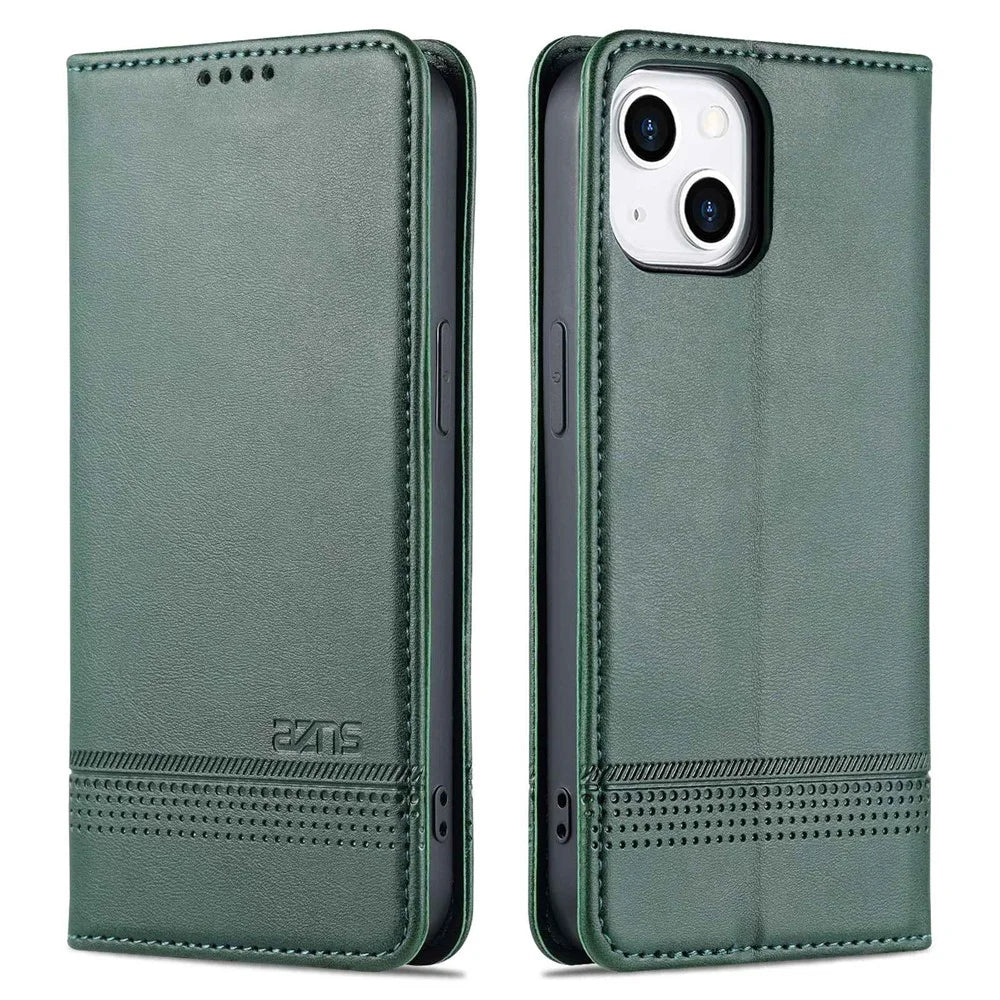 AZNS Anti-drop Phone Case for iPhone 14 6.1 inch PU Leather Folio Cover Wallet Style Magnetic Absorption Protective Shell Viewing Stand - Green - 1