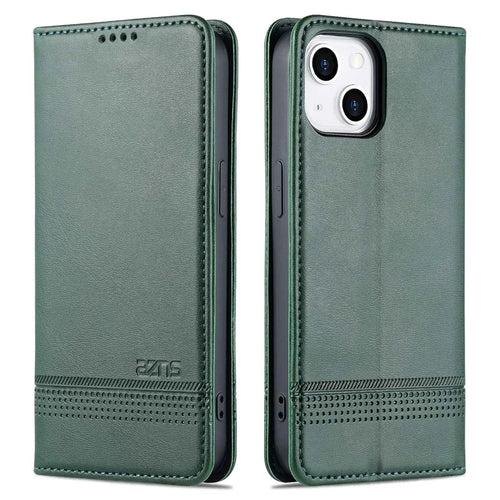 AZNS Anti-drop Phone Case for iPhone 14 6.1 inch PU Leather Folio Cover Wallet Style Magnetic Absorption Protective Shell Viewing Stand - Green - 1