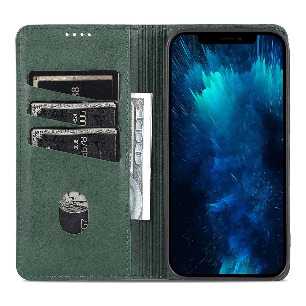 AZNS Anti-drop Phone Case for iPhone 14 6.1 inch PU Leather Folio Cover Wallet Style Magnetic Absorption Protective Shell Viewing Stand - Green - 2