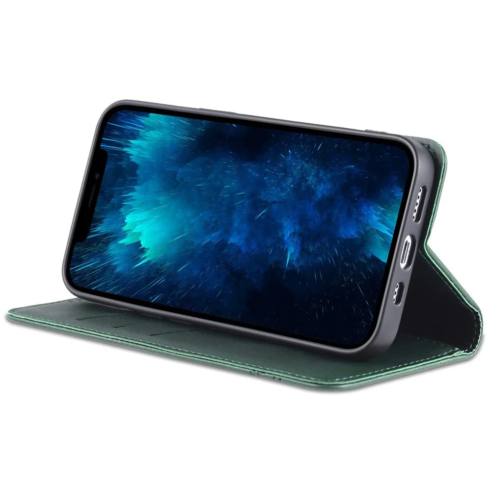 AZNS Anti-drop Phone Case for iPhone 14 6.1 inch PU Leather Folio Cover Wallet Style Magnetic Absorption Protective Shell Viewing Stand - Green - 3
