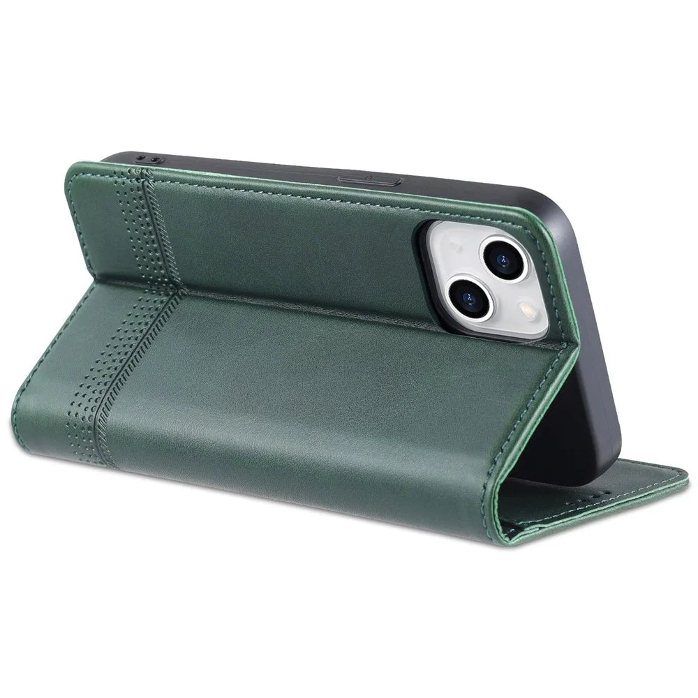 AZNS Anti-drop Phone Case for iPhone 14 6.1 inch PU Leather Folio Cover Wallet Style Magnetic Absorption Protective Shell Viewing Stand - Green - 4