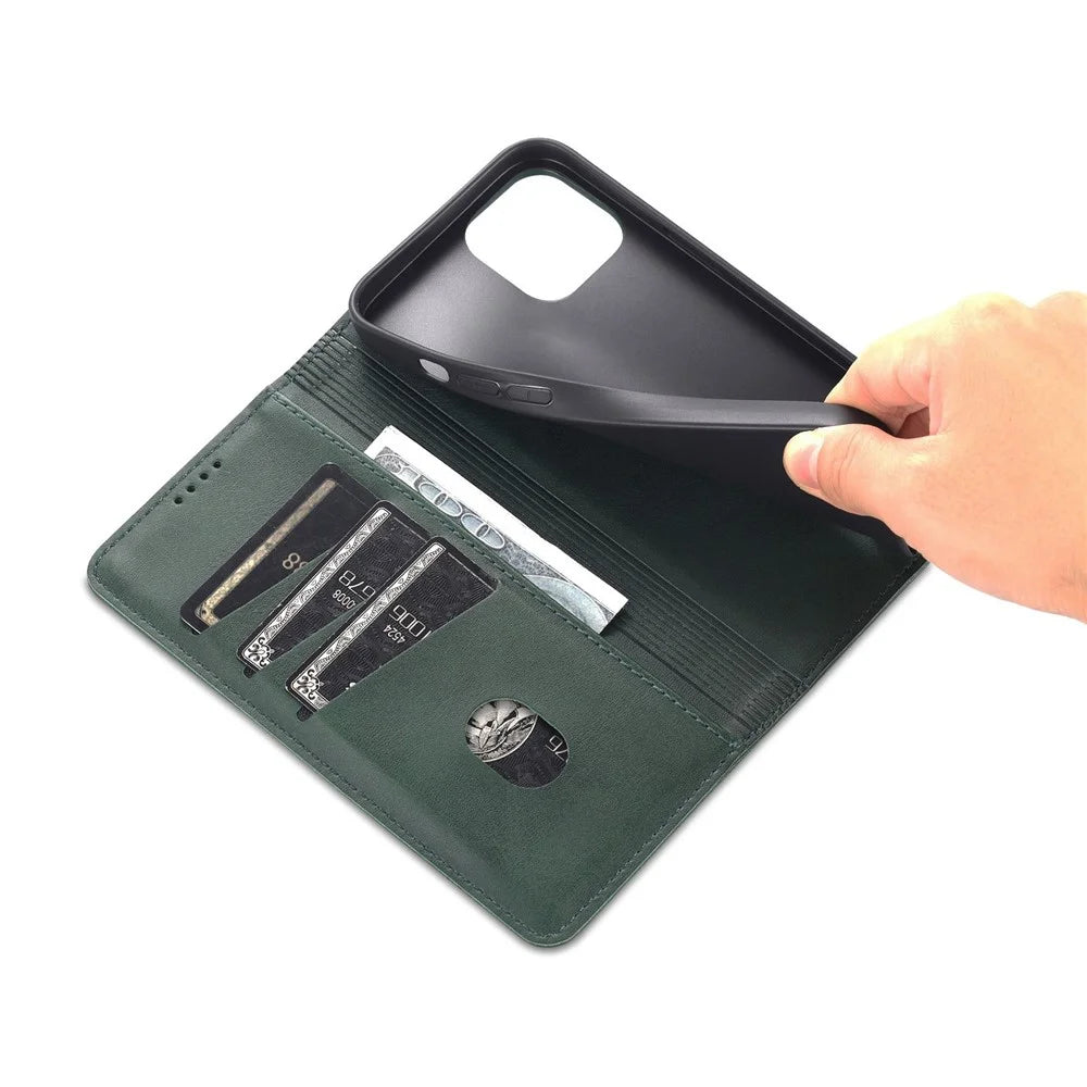 AZNS Anti-drop Phone Case for iPhone 14 6.1 inch PU Leather Folio Cover Wallet Style Magnetic Absorption Protective Shell Viewing Stand - Green - 5
