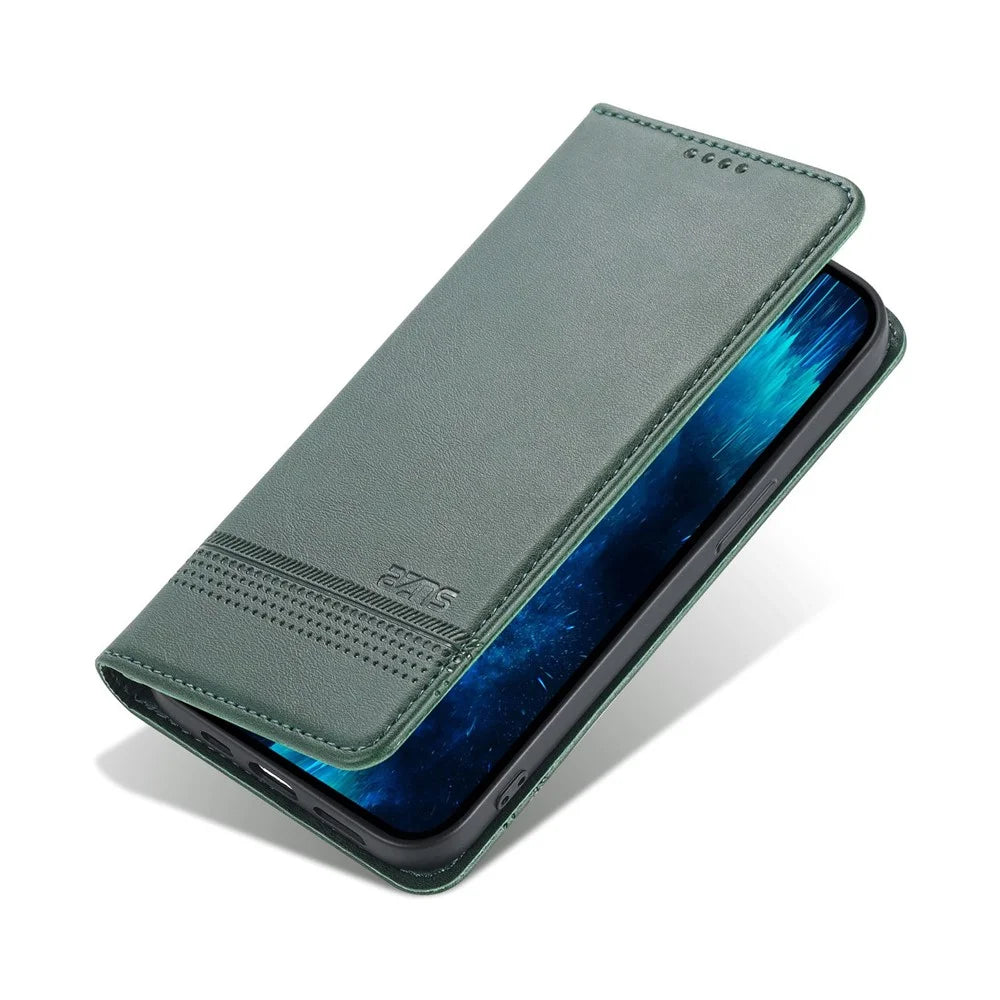 AZNS Anti-drop Phone Case for iPhone 14 6.1 inch PU Leather Folio Cover Wallet Style Magnetic Absorption Protective Shell Viewing Stand - Green - 6