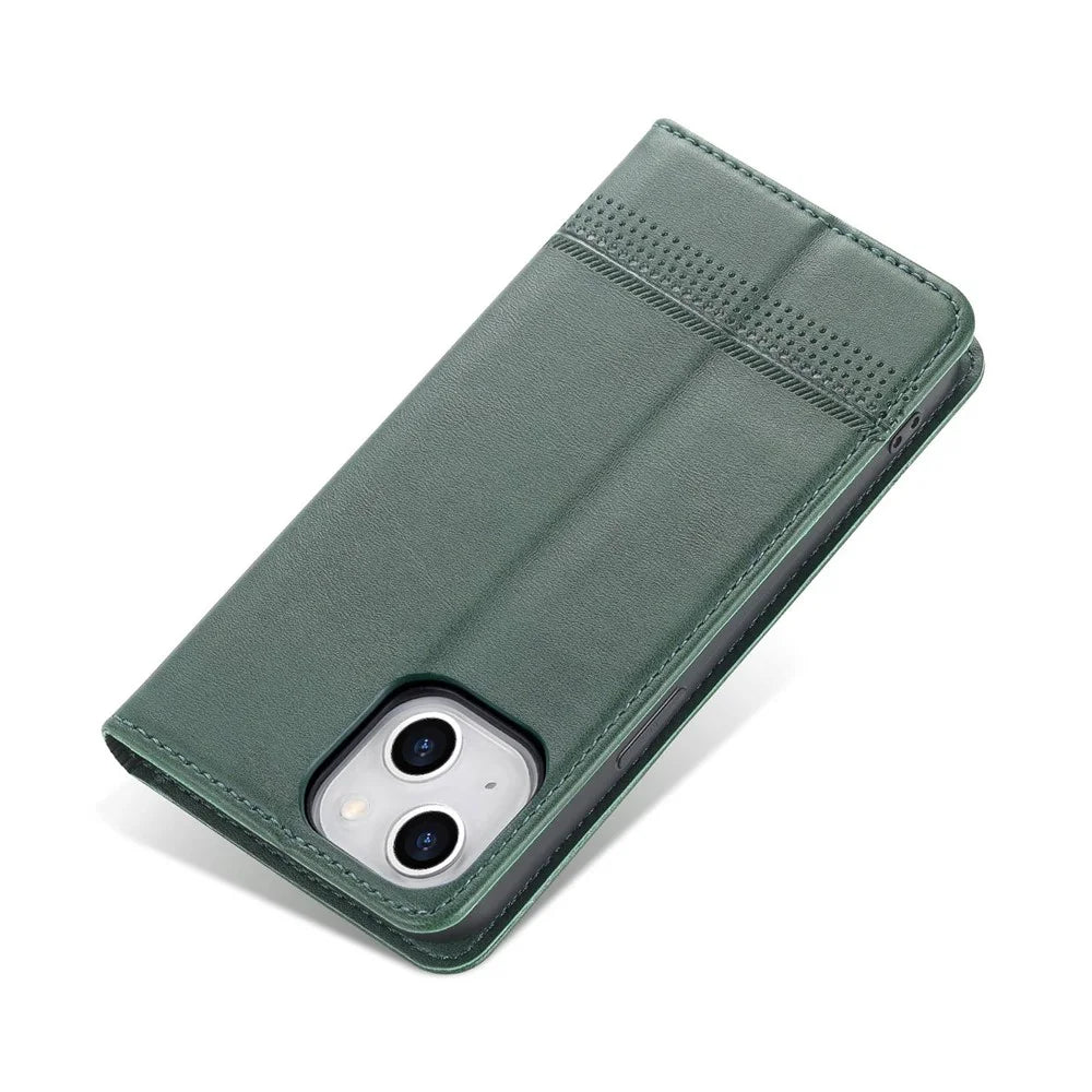 AZNS Anti-drop Phone Case for iPhone 14 6.1 inch PU Leather Folio Cover Wallet Style Magnetic Absorption Protective Shell Viewing Stand - Green - 7