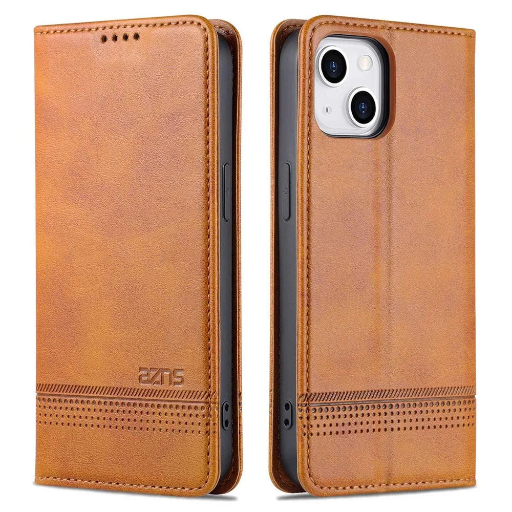 AZNS For iPhone 14 Plus 6.7 inch Drop-proof PU Leather Magnetic Closure Phone Case Wallet Stand All-inclusive Protection Flip Cover - Brown - 1