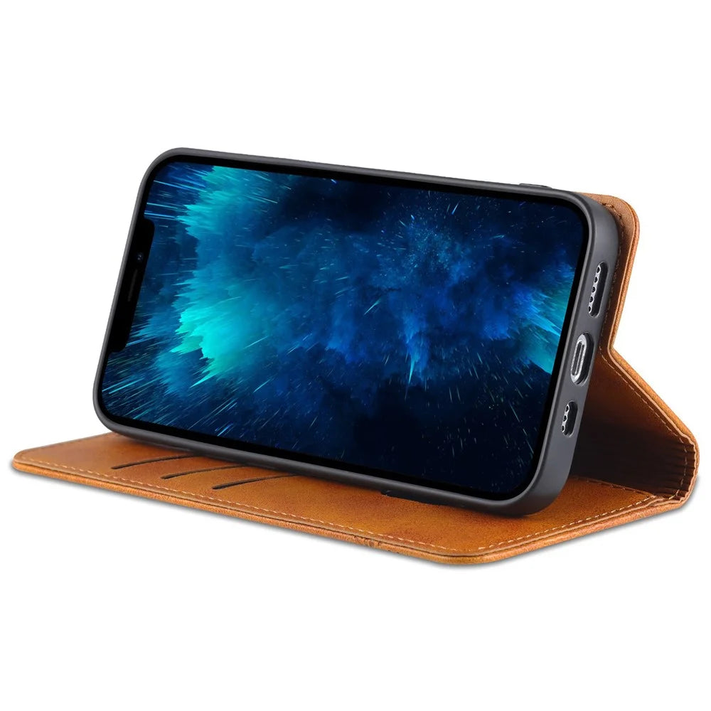 AZNS For iPhone 14 Plus 6.7 inch Drop-proof PU Leather Magnetic Closure Phone Case Wallet Stand All-inclusive Protection Flip Cover - Brown - 3