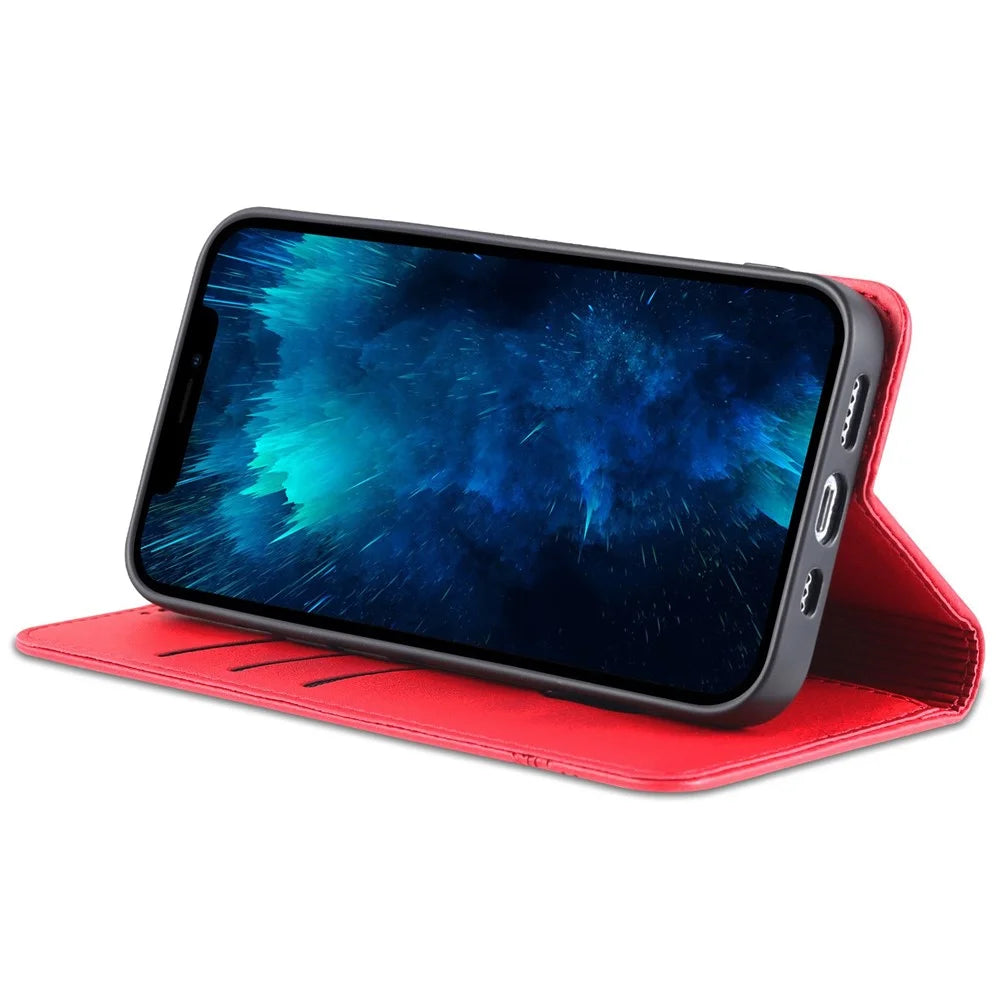 AZNS For iPhone 14 Pro Max 6.7 inch Full Protection PU Leather Magnetic Closure Phone Case Wallet Stand Anti-scratch Flip Cover - Red - 3