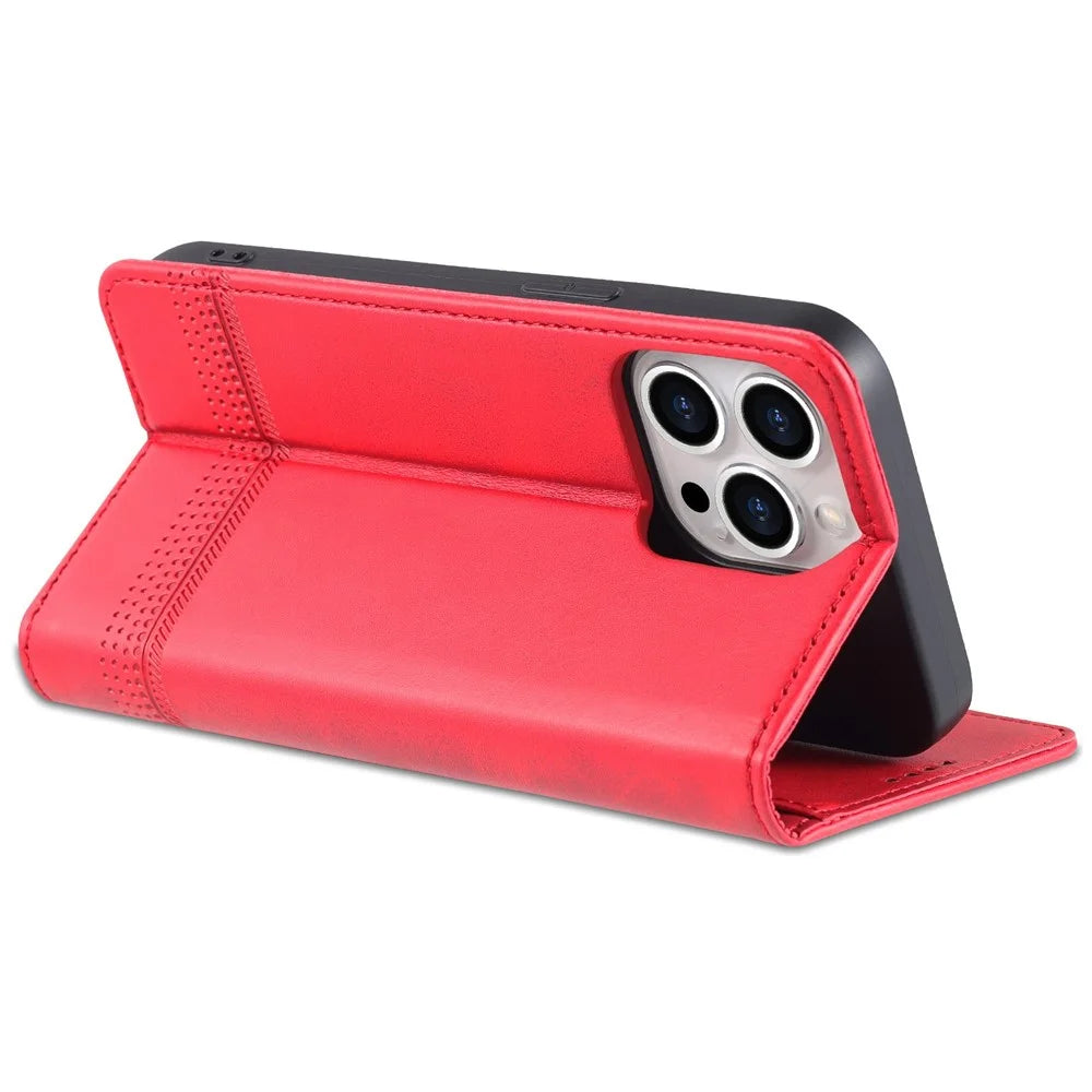 AZNS For iPhone 14 Pro Max 6.7 inch Full Protection PU Leather Magnetic Closure Phone Case Wallet Stand Anti-scratch Flip Cover - Red - 4