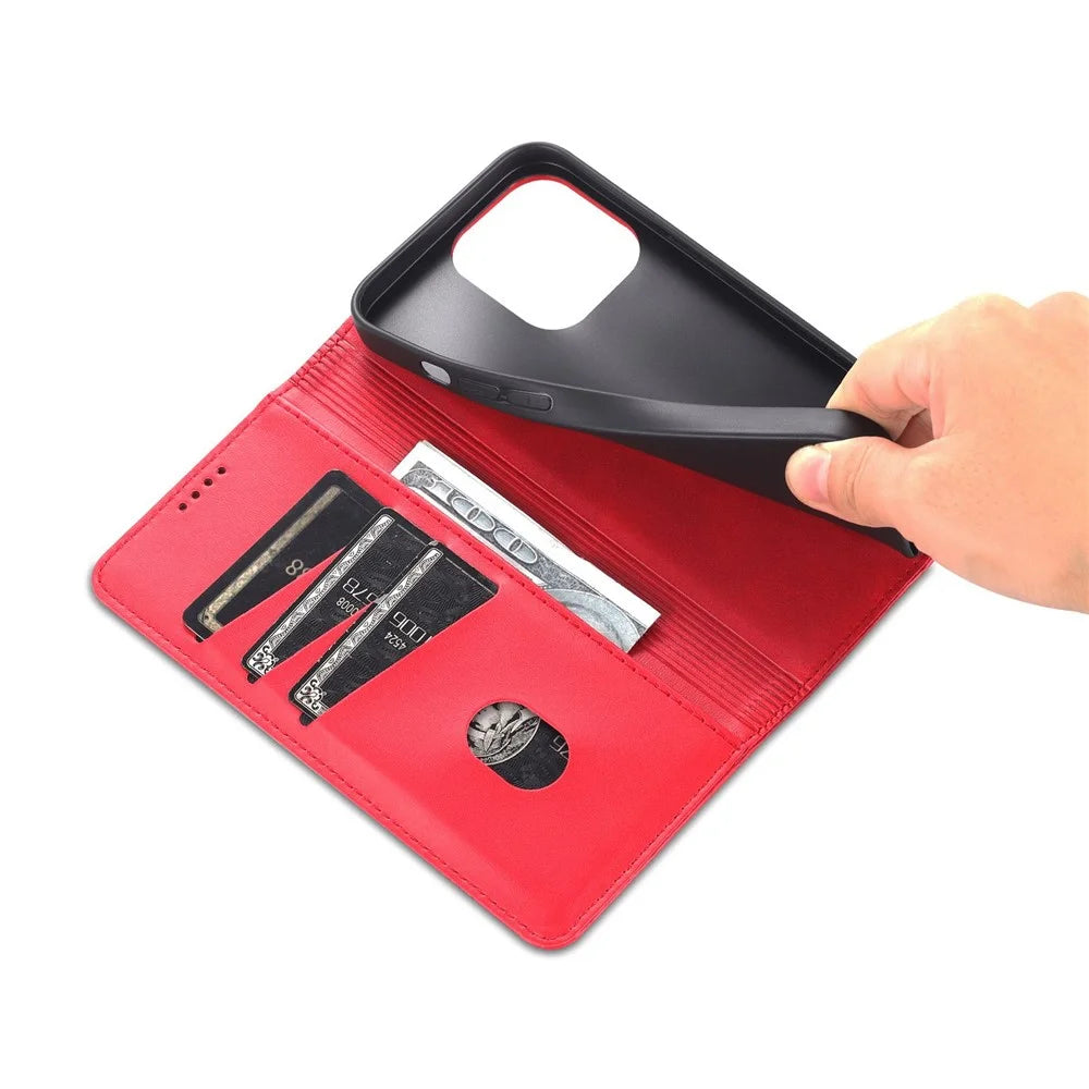 AZNS For iPhone 14 Pro Max 6.7 inch Full Protection PU Leather Magnetic Closure Phone Case Wallet Stand Anti-scratch Flip Cover - Red - 5