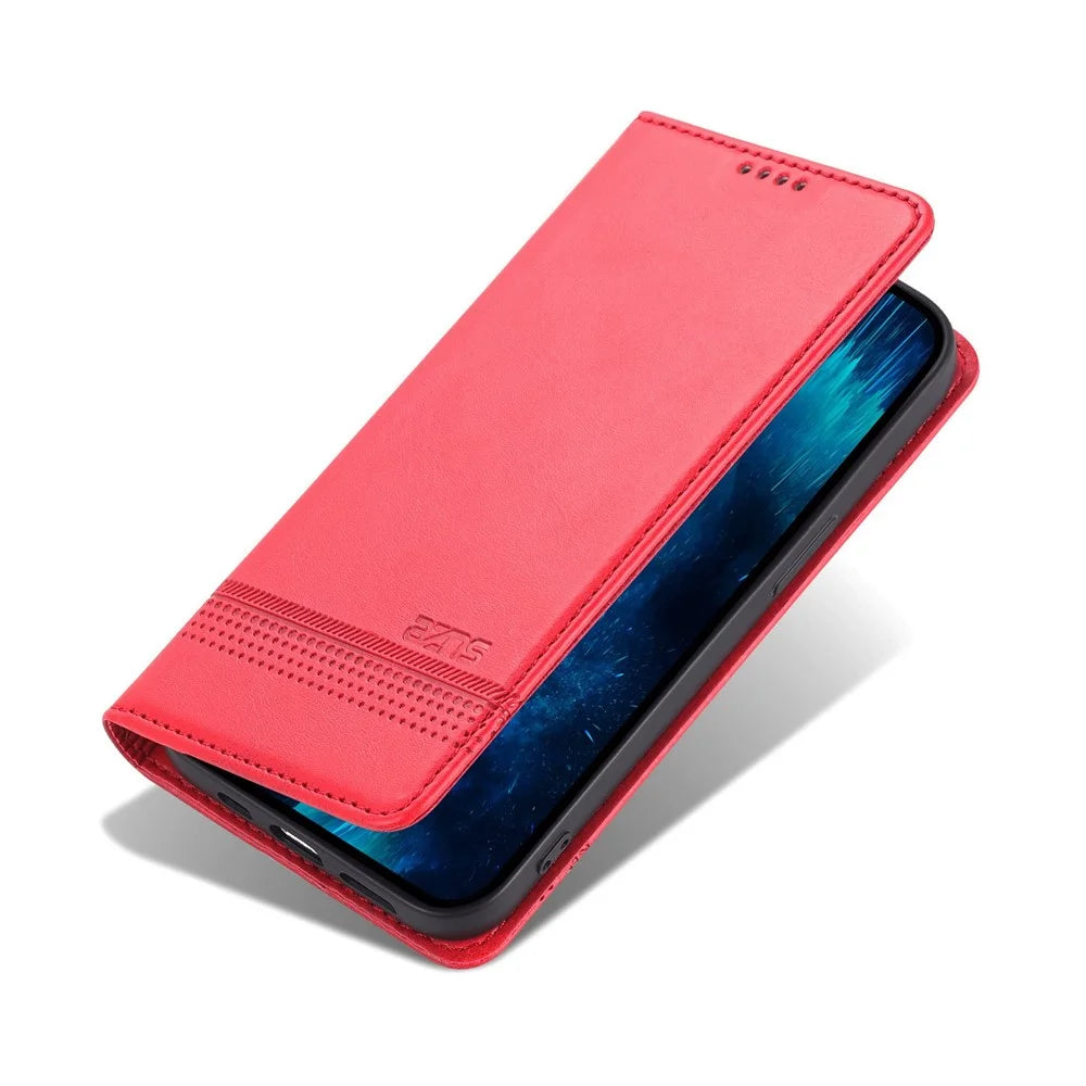 AZNS For iPhone 14 Pro Max 6.7 inch Full Protection PU Leather Magnetic Closure Phone Case Wallet Stand Anti-scratch Flip Cover - Red - 6