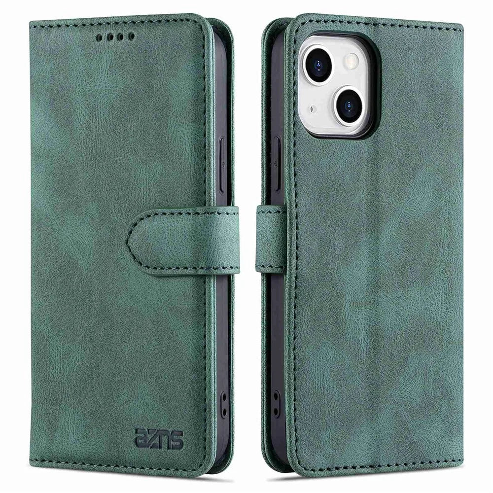 AZNS For iPhone 14 6.1 inch Drop-proof PU Leather Wallet Case Card Holder Magnetic Closure Stand Anti-scratch Phone Cover - Green - 1
