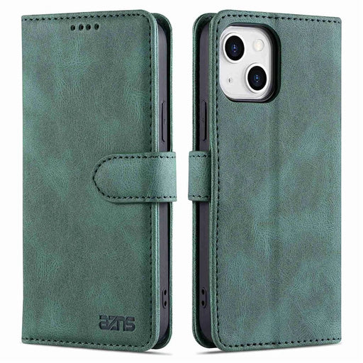 AZNS For iPhone 14 6.1 inch Drop-proof PU Leather Wallet Case Card Holder Magnetic Closure Stand Anti-scratch Phone Cover - Green - 1