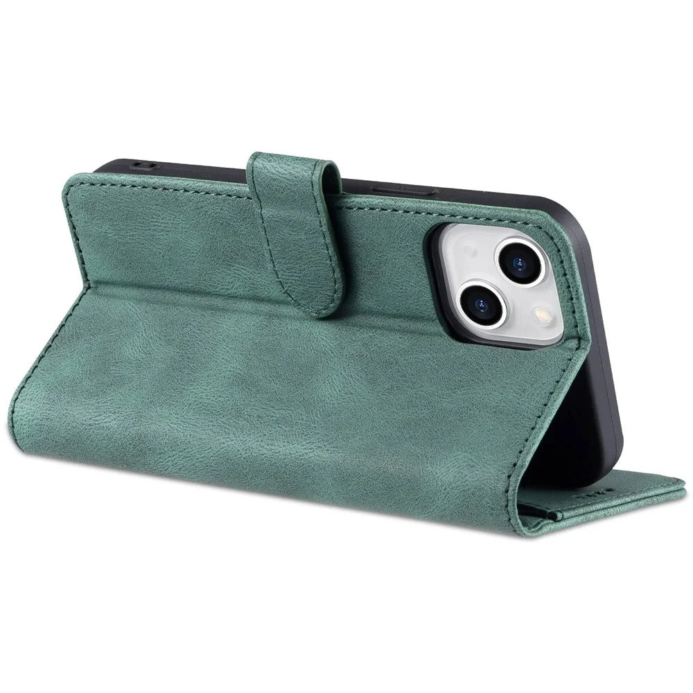 AZNS For iPhone 14 6.1 inch Drop-proof PU Leather Wallet Case Card Holder Magnetic Closure Stand Anti-scratch Phone Cover - Green - 4