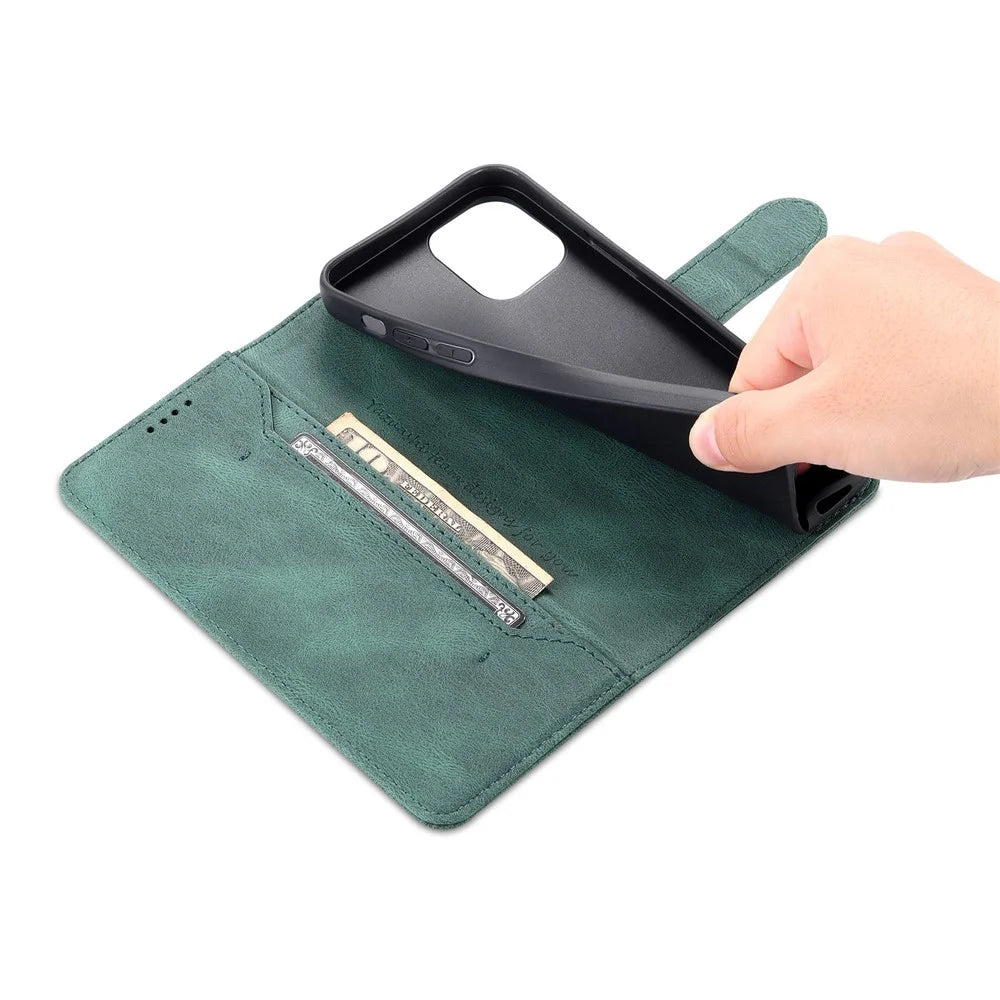 AZNS For iPhone 14 6.1 inch Drop-proof PU Leather Wallet Case Card Holder Magnetic Closure Stand Anti-scratch Phone Cover - Green - 5