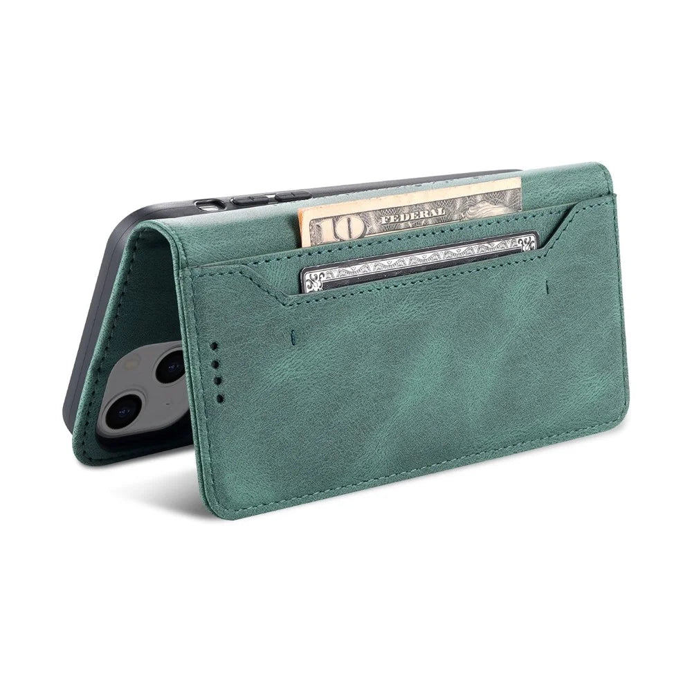 AZNS For iPhone 14 6.1 inch Drop-proof PU Leather Wallet Case Card Holder Magnetic Closure Stand Anti-scratch Phone Cover - Green - 6
