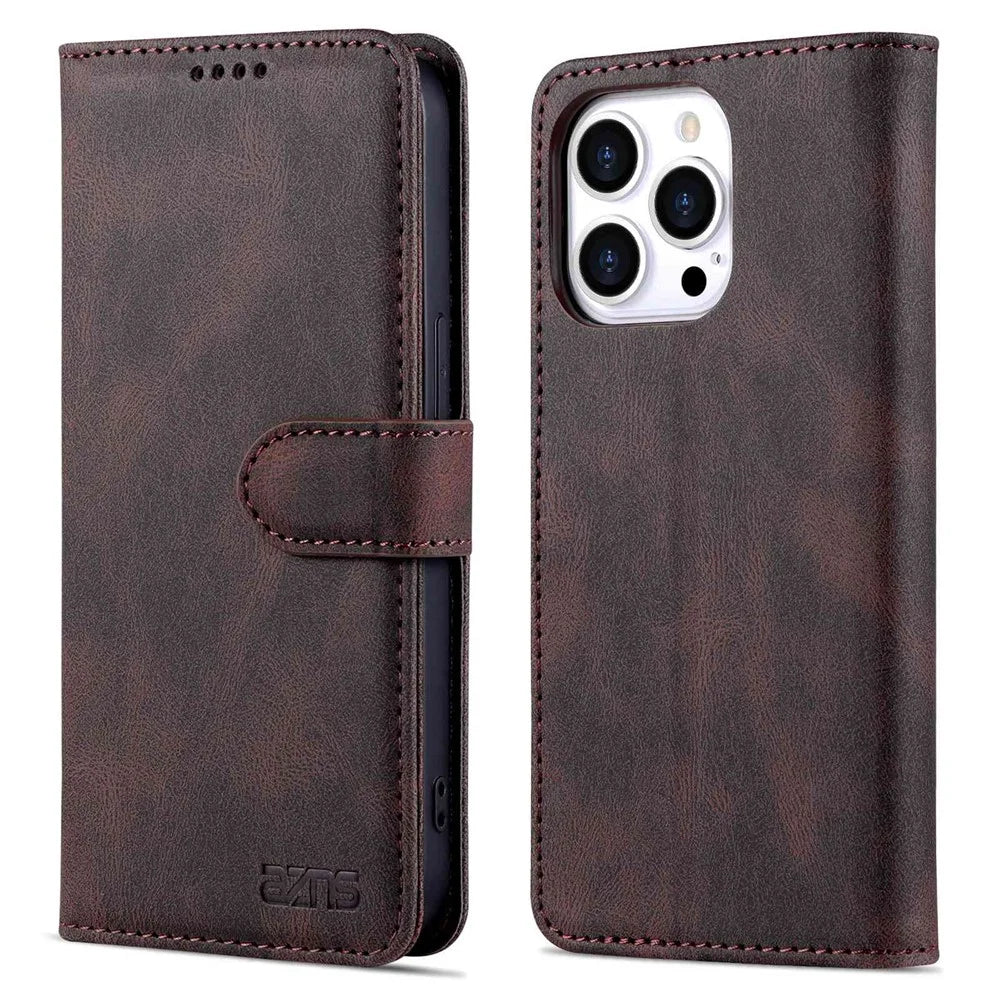 AZNS For iPhone 14 Pro 6.1 inch Anti-drop PU Leather Wallet Case Magnetic Closure Stand Shockproof Protective Phone Flip Cover - Brown - 1