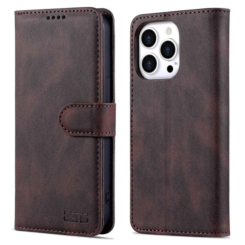 AZNS For iPhone 14 Pro 6.1 inch Anti-drop PU Leather Wallet Case Magnetic Closure Stand Shockproof Protective Phone Flip Cover - Brown - 1
