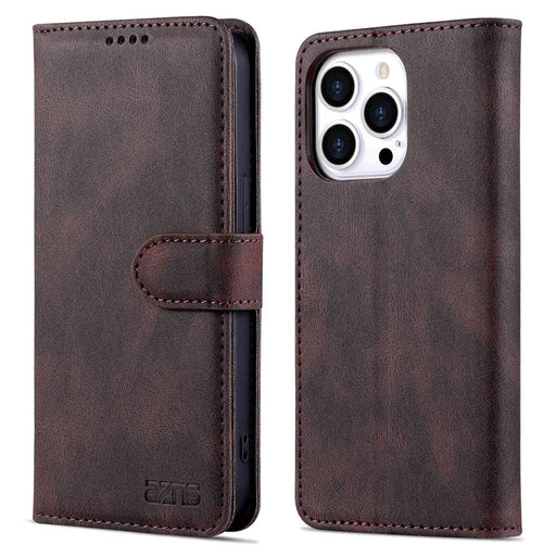 AZNS For iPhone 14 Pro 6.1 inch Anti-drop PU Leather Wallet Case Magnetic Closure Stand Shockproof Protective Phone Flip Cover - Brown - 1
