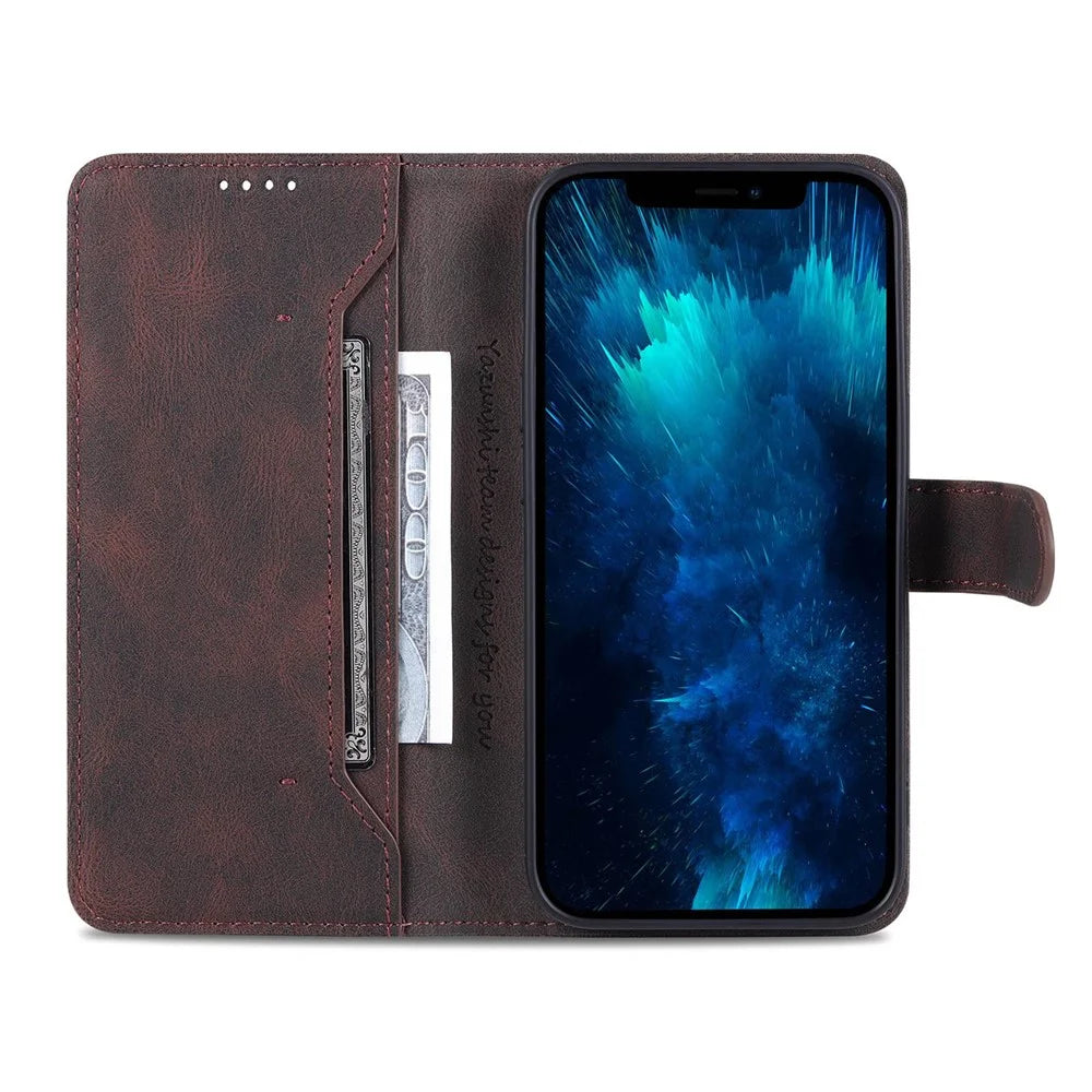 AZNS For iPhone 14 Pro 6.1 inch Anti-drop PU Leather Wallet Case Magnetic Closure Stand Shockproof Protective Phone Flip Cover - Brown - 2